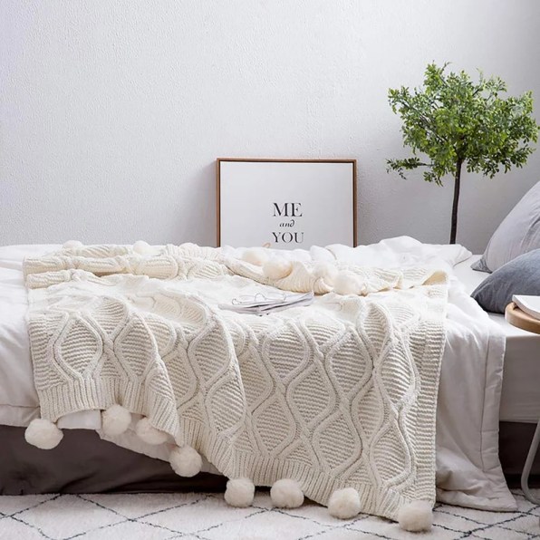 Cream Milky Pom Pom Throw Blanket Fluffy Pompom Throw Knitted image 0