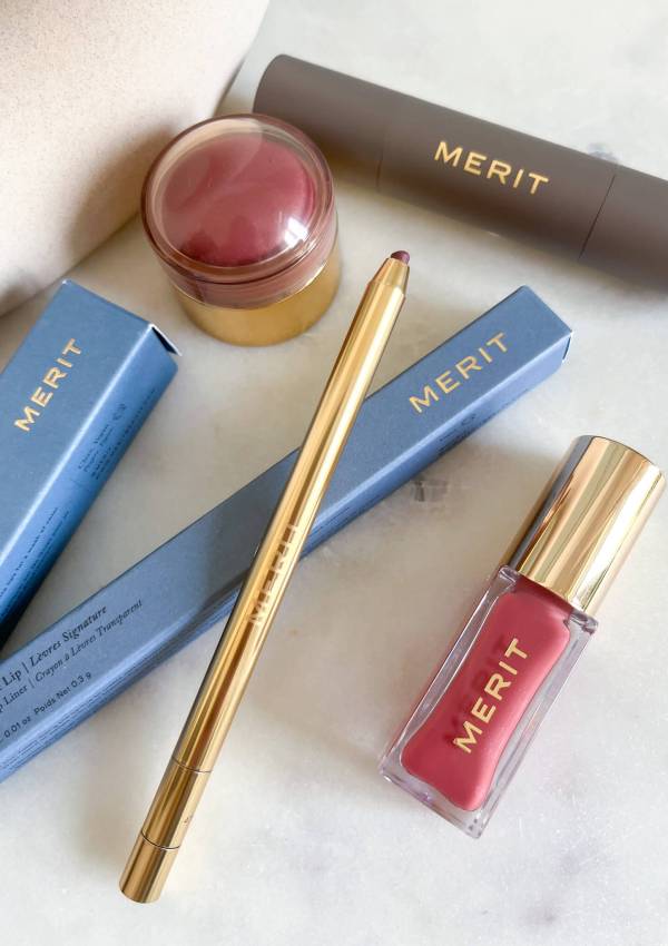 Merit makeup with lip liner as focus