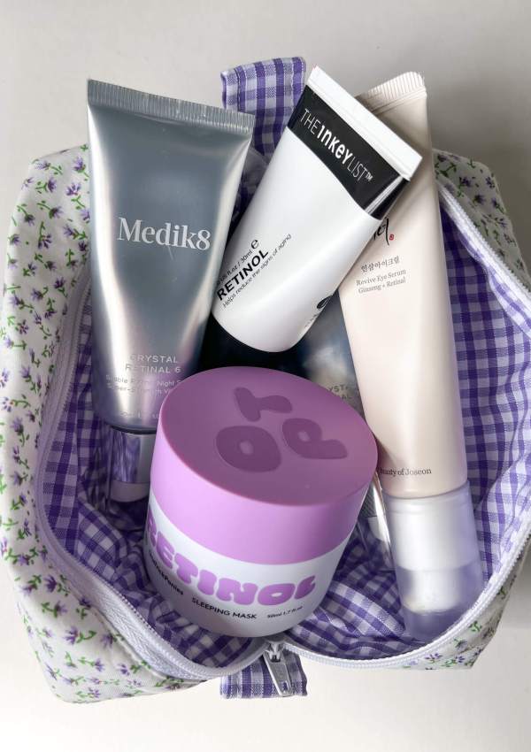Makeup bag containing retinal and retinol products